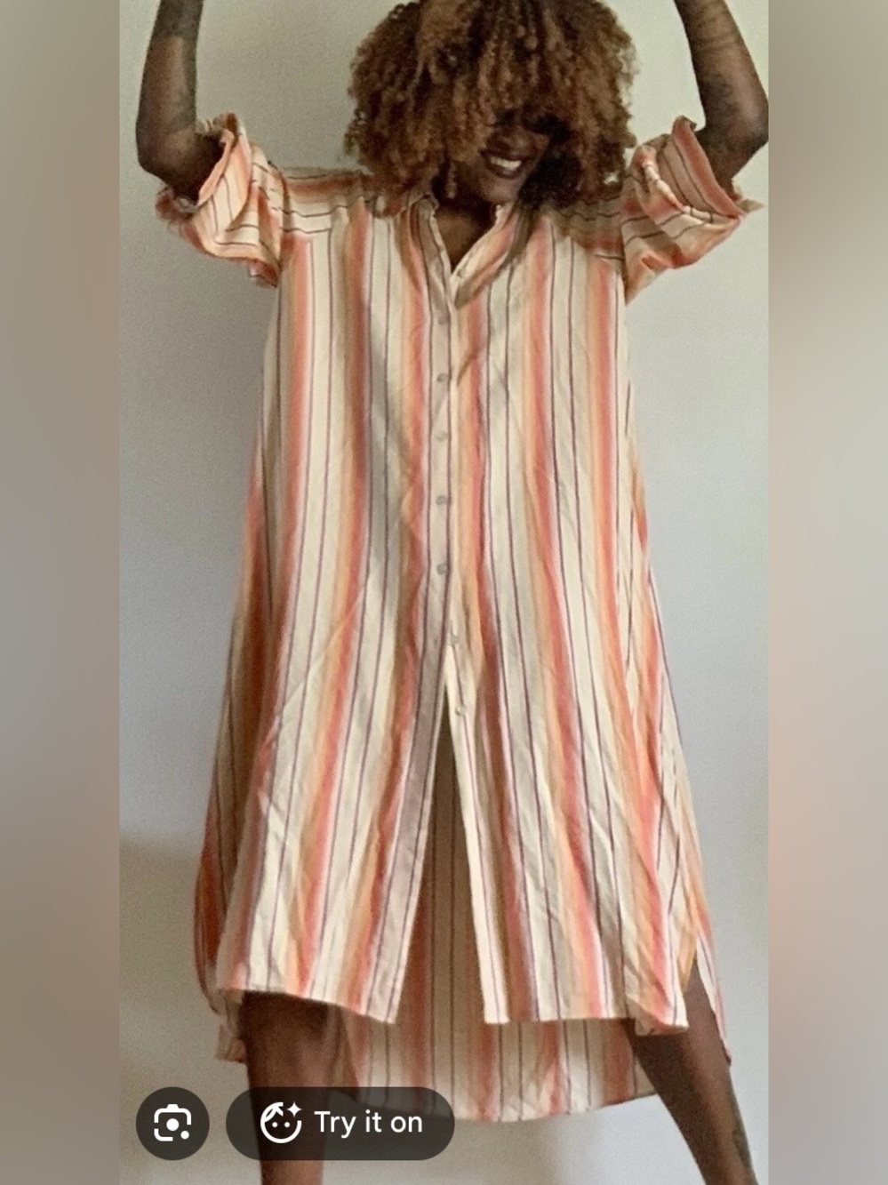 Zara Peach & Cream Striped Button-Front Shirt Dress size S